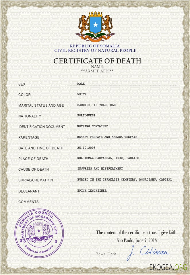 Modèle PSD de certificat de décès de l'état civil de la Somalie